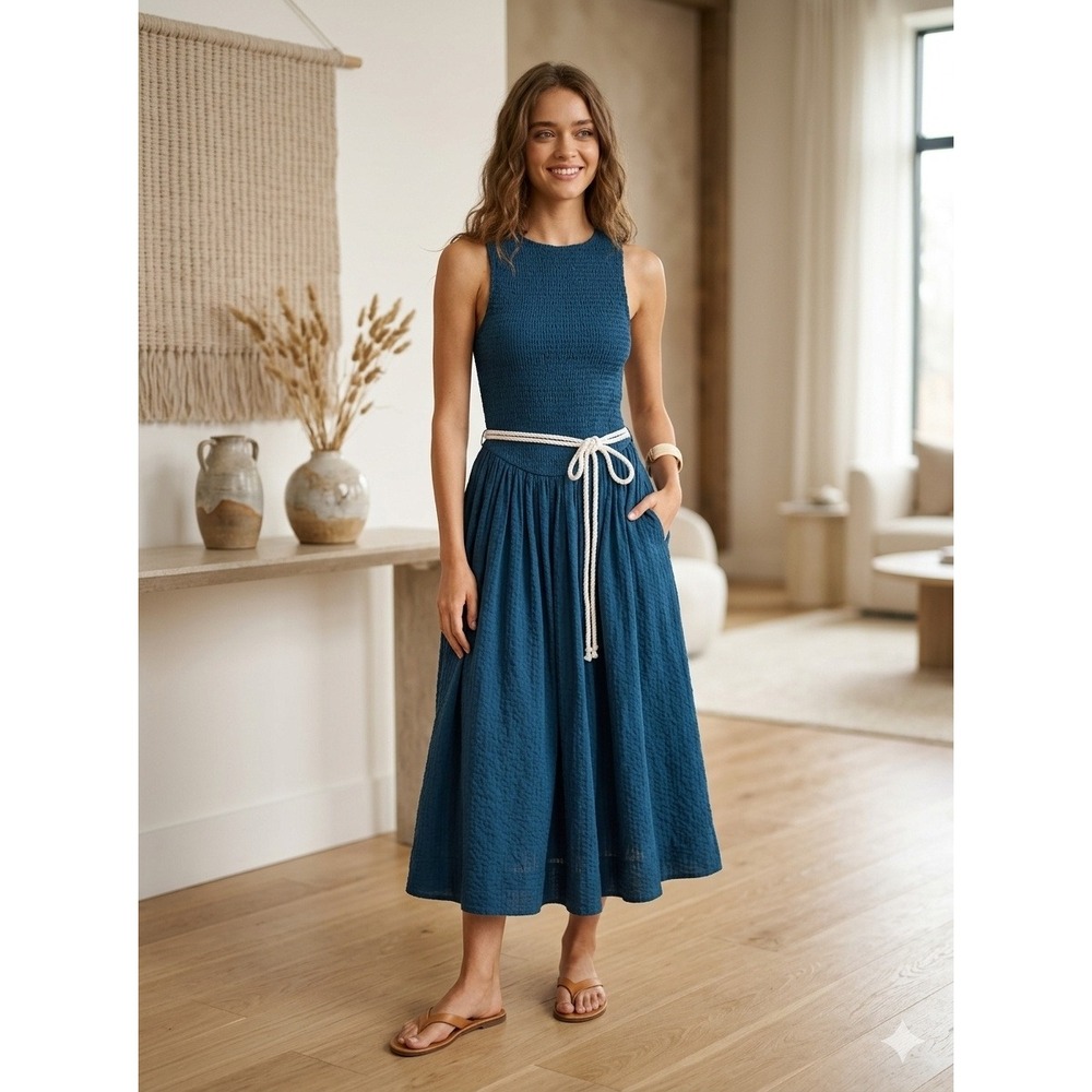 NWT Free People Nightingale Seaside Combo Smocked maxi Dress Blue L seersucker